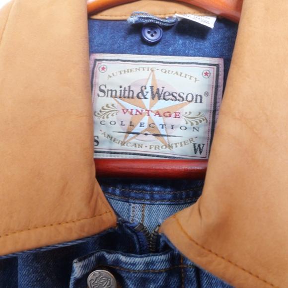 VTG Smith & Wesson Men's Large Denim Leather Elbow Patch Hunting Shooting Jacket - Picture 8 of 10